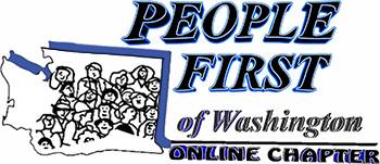 Link to Washington State Online Chapter meeting. Image is People First logo with blue color outlines around the type and online chapter written underneath.