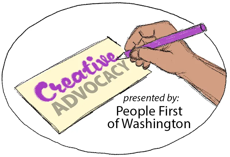 Link to Creative Advocacy.  Image shows event words with hand drawing on paper.