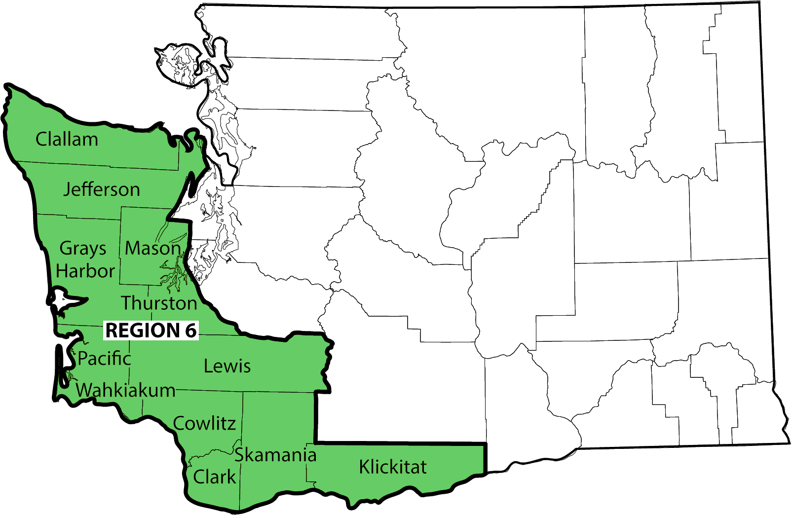 map showing the counties in region 6. 