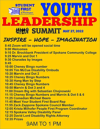 The image shows a bright yellow Youth Leadership Summit flyer.  The summit took place on Friday, May 27, 2022. It shows a list of speakers and activities that were on the schedule.
