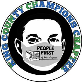 Link to King County Champions Chapter meeting. Image has type around a circle surrounding a face wearing a mask with people first logo on it.